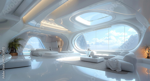 A futuristic uncluttered lounge room the is well lit with a skylight and filled with minimalist futuristic furnishing. Generative AI.