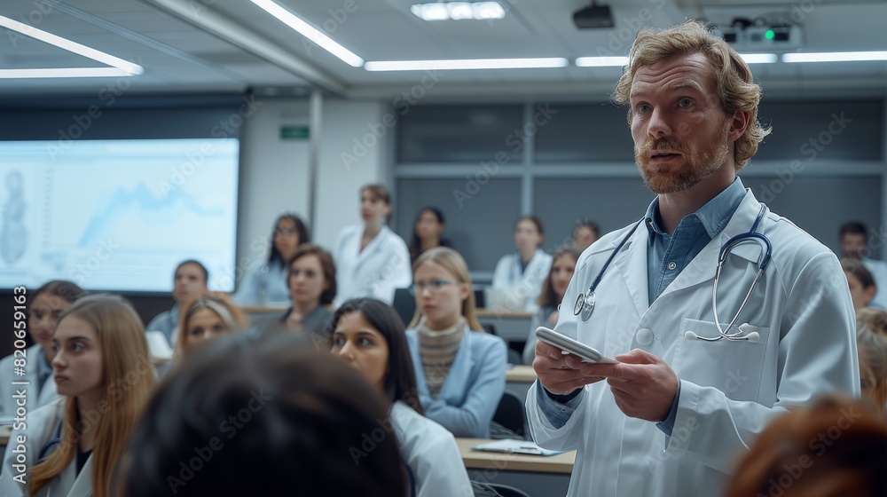 Fototapeta premium A doctor explaining a medical breakthrough to a group of students in a modern lecture hall, the bright and airy room filled with a sense of hope and progress. Generative AI.