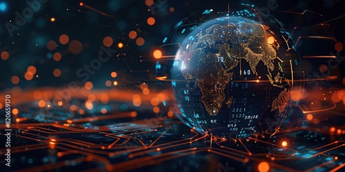 3D digital art of the Earth surrounded glowing data connections, Circuit board technology background.