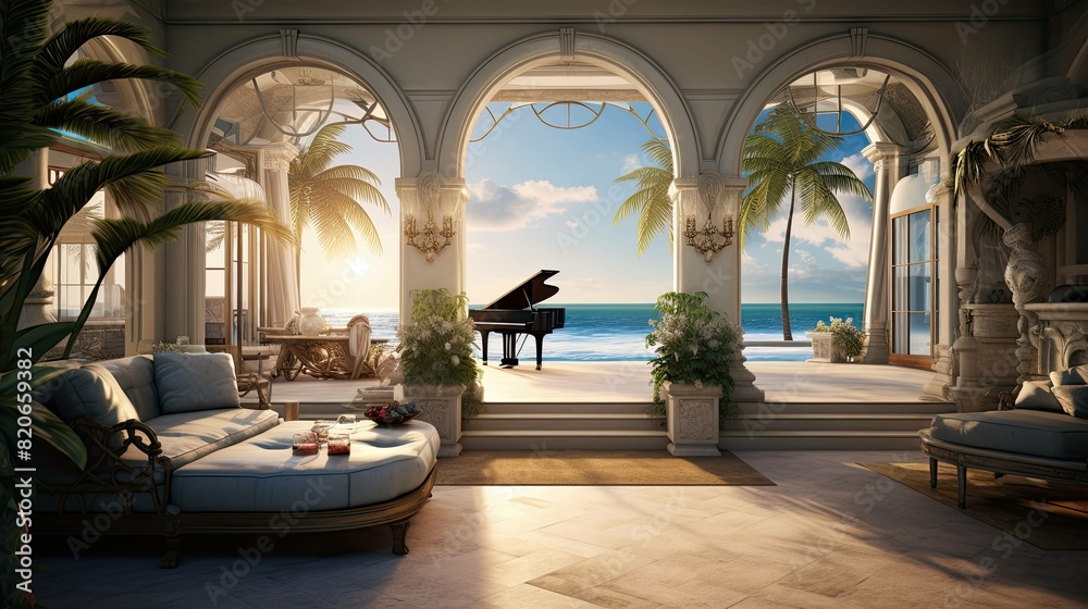 Beach with a hut. AI generated art illustration. Beach with a hut. AI generated art illustration.