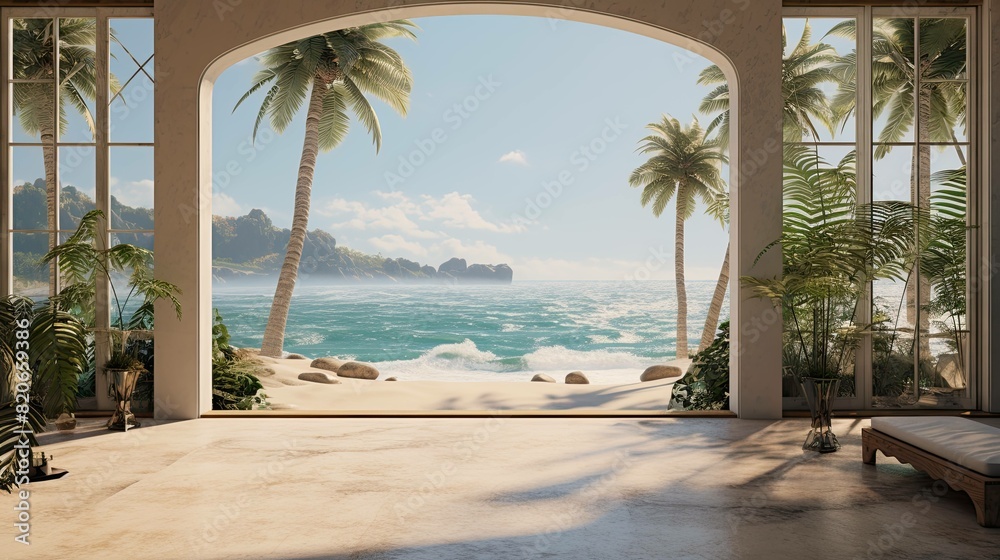 Fototapeta premium Beach with a hut. AI generated art illustration.