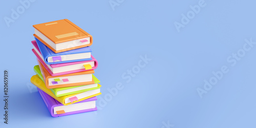 Book stack on blue background with empty space for text. Cartoon 3d render illustration of literature pile with bright hard cover and bookmarks for reading and education. School library and bookstore.