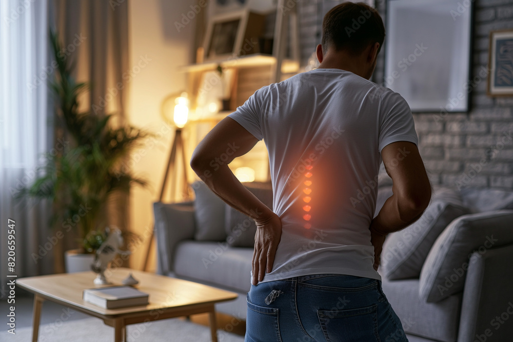 A man with a backache is sitting on a couch in a living room A man with a backache is sitting on a couch in a living room