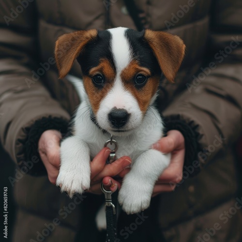 Woman affectionately cradling an adorable, cute puppy, showing care and love towards the small pet © Ilja