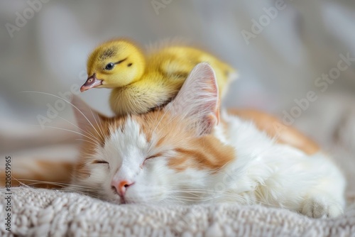 Sleeping cat with duckling on its back