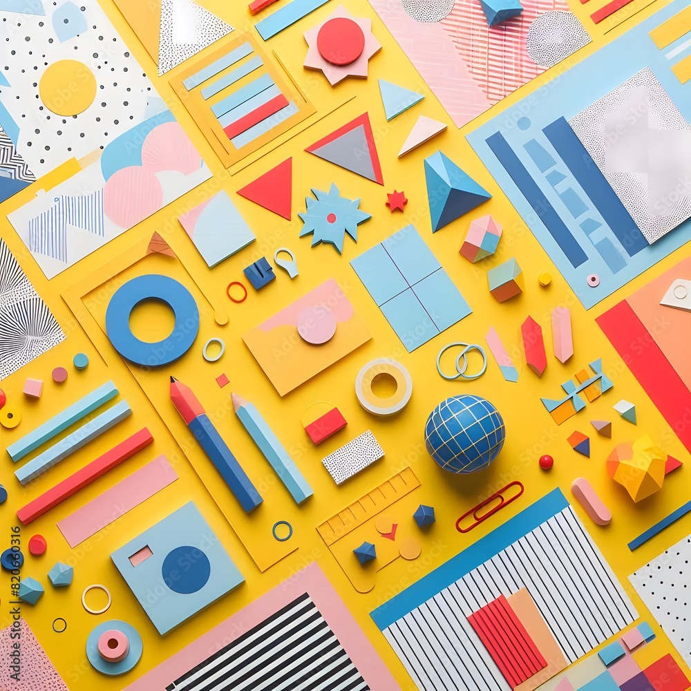 AI Generate of Background texture of Fashion Papers in Memphis Geometry Style. Yellow, blue, light blue, red and pastel pink colors. Top view, flat lay. AI Generate of Background texture of Fashion Papers in Memphis Geometry Style. Yellow, blue, light blue, red and pastel pink colors. Top view, flat lay.