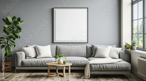Minimalist Living Room Interior with Blank Frame and Sofa