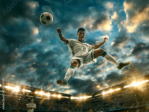 Dynamic shot of a soccer player in mid-air, kicking the ball during a match at a brightly lit stadium.
