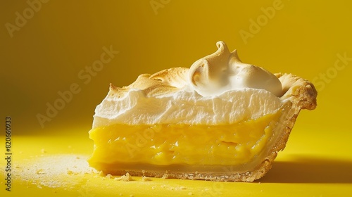 Delicious lemon meringue pie slice on yellow background photo