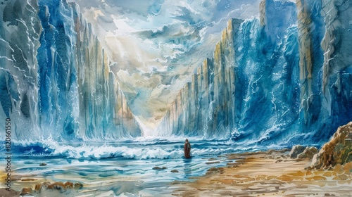 Watercolor Biblical Illustration of Moses Parting the Red Sea with Towering Walls of Water, Perfect for Depictions of Miracles and Faith