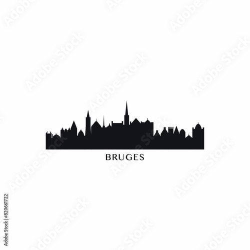 Bruges cityscape skyline city panorama vector flat modern logo icon. Belgium town travel emblem idea with landmarks and building silhouettes. Isolated simple shape black graphic
