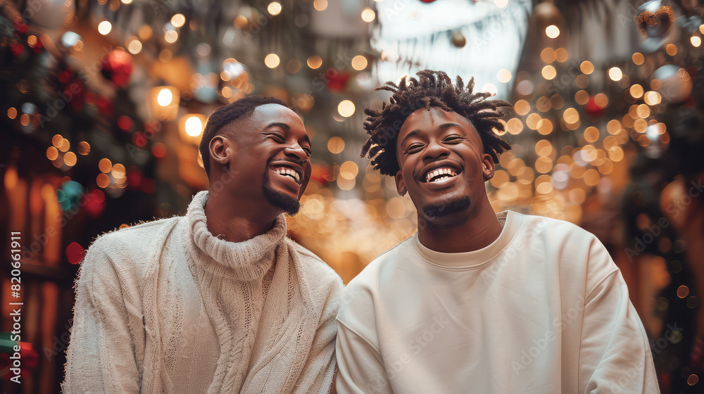 smiling african-american gay couple in stylish clothes hugging on background of christmas decorations and tree..Generative AI