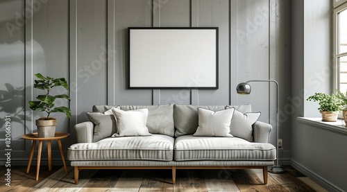 Minimalist Living Room Interior with Blank Frame and Sofa