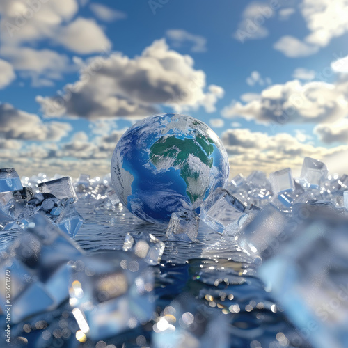 3D globe on a background of 3D ice cubes with a reflection of the sky. Ecology, environmental protection. Creative, geometric design of interior, facade, exhibition space for presentations, sales. Bus