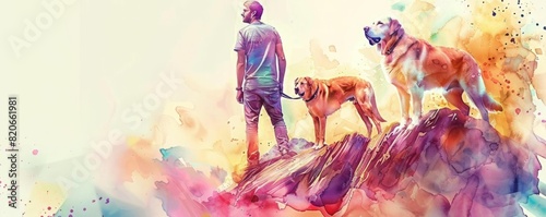 A watercolor painting of a man and his dog standing on a rock. photo