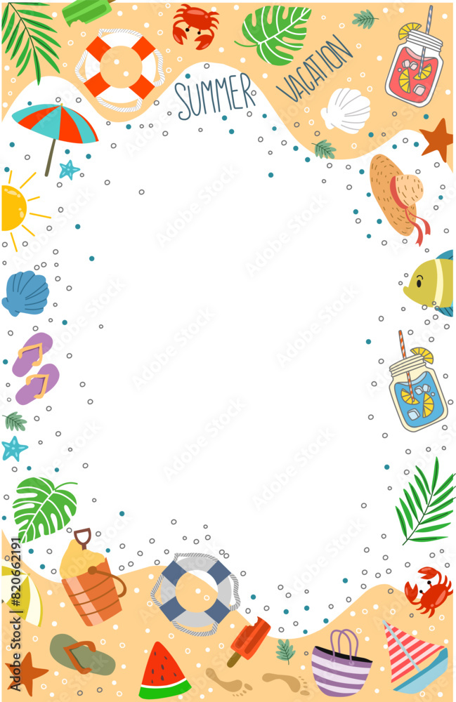 Frame of Summer element and the beach on white Frame of Summer element and the beach on white