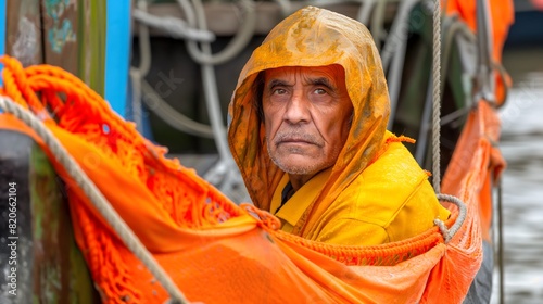 Fisherman in rain gear on a boat photo