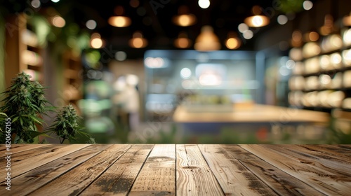 image of a wooden table on an abstract blurred background of restaurant or store lighting