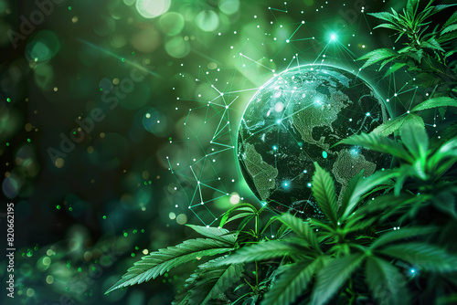 The Earth surrounded by a network of glowing connections and cannabis plants