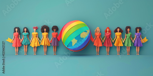 Flat minimalist illustration of a globe wrapped in a rainbow ribbon held by diverse women