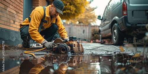 A plumbing service inspects a clogged drain using a video tool prior to clearing it. photo
