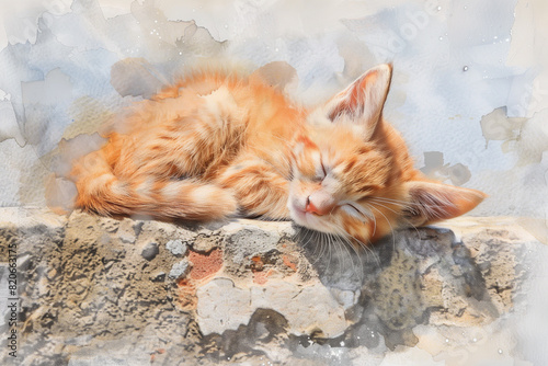 cute orange cat sleeping on stone wall, watercolor style, soft colors and brush strokes, dreamy atmosphere, Generative AI photo