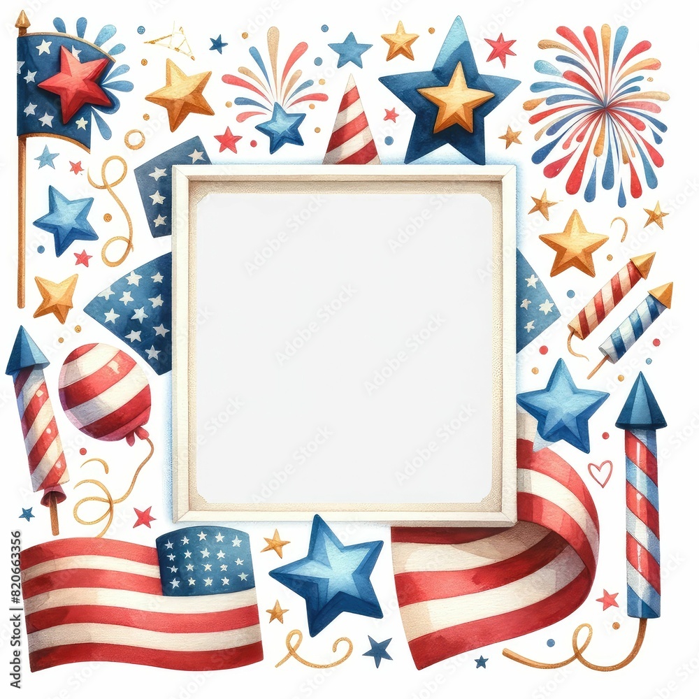 Obraz premium Fourth of July themed border and frame. watercolor illustration, Perfect for nursery art, simple clipart, single object, white color background.