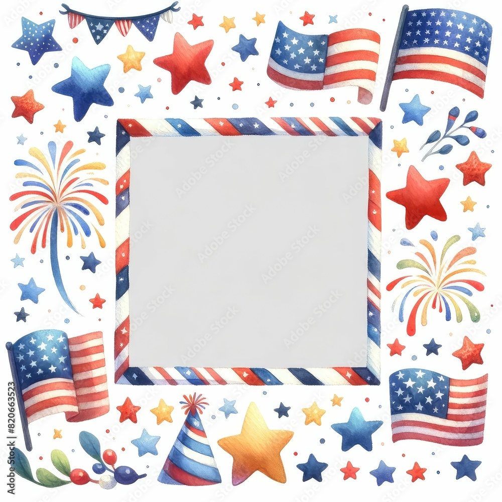 Fototapeta premium Fourth of July themed border and frame. watercolor illustration, Perfect for nursery art, simple clipart, single object, white color background.