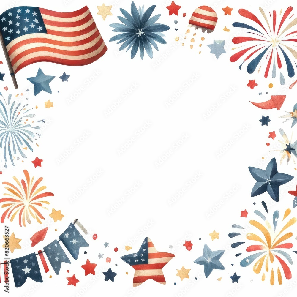 Fototapeta premium Fourth of July themed border and frame. watercolor illustration, Perfect for nursery art, simple clipart, single object, white color background.