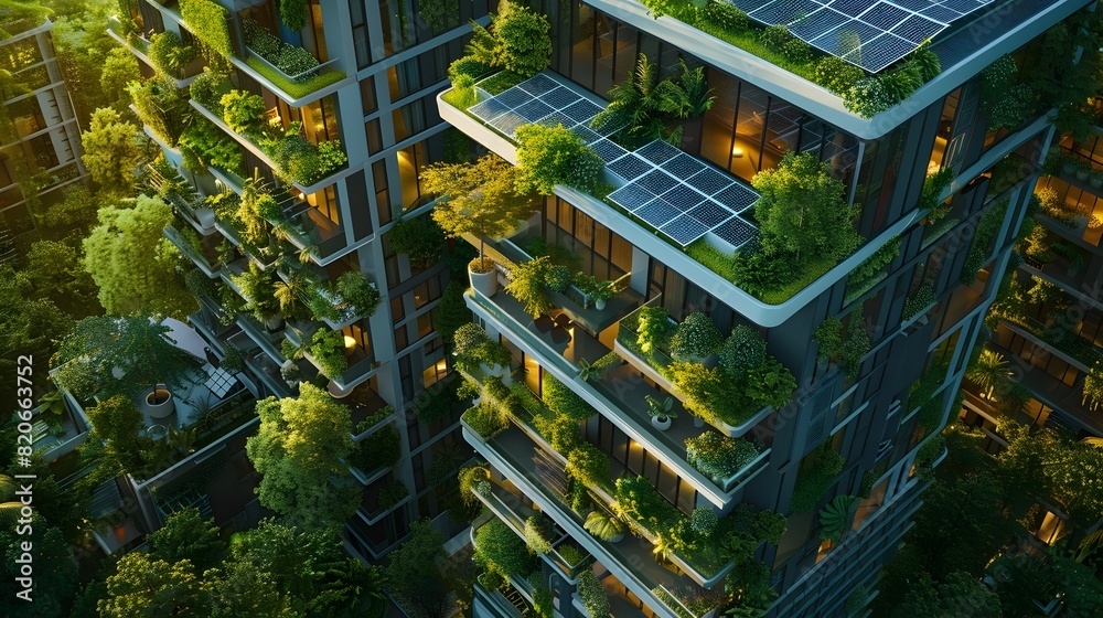 Cutting-Edge Sustainable Building with Sleek Solar Panels,Lush Rooftop Gardens,and Modern Wind Turbines in a Vibrant Digital 3D Rendering