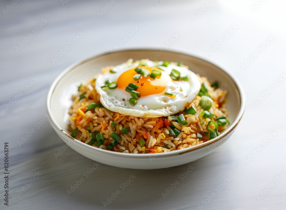Indonesian food fried rice with shredded chicken and fried eggs, Asian food style