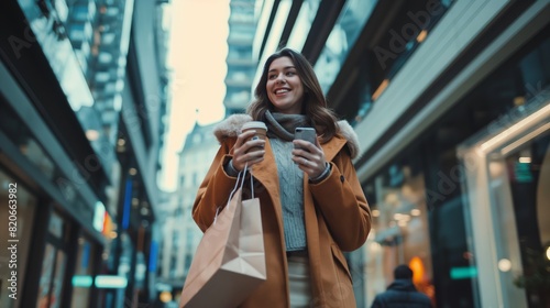 A young woman happily walks around the city on a winter day with a coffee and shopping bag, amidst the modern urban landscape. She radiates joy and embodies a contemporary urban lifestyle