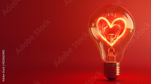 A light bulb in the shape of a heart glowing on a red background