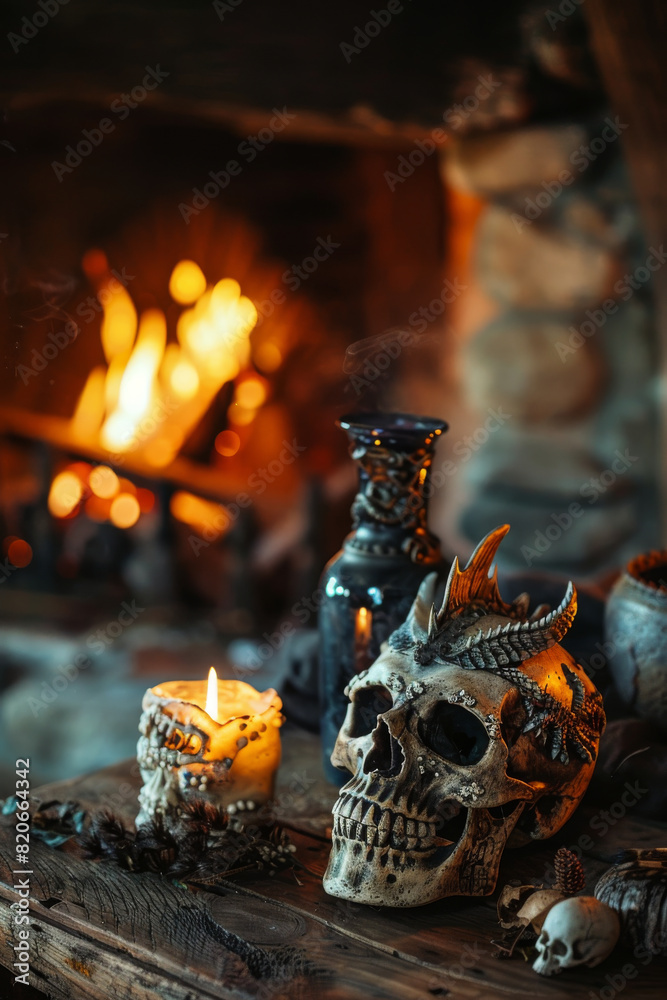 Human Skull with Dragon Helmet Beside Candle and Fire