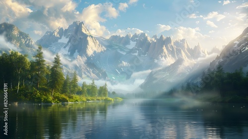 Majestic mountain range towering over a serene,winding river bathed in warm sunlight for a digital artwork