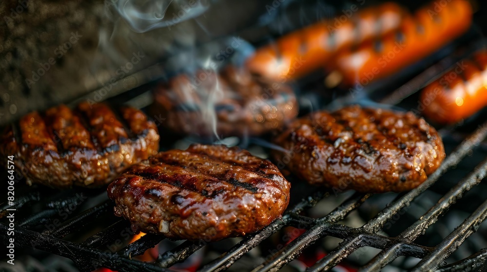 The juicy burgers and sausages are grilled on the hot flaming grill