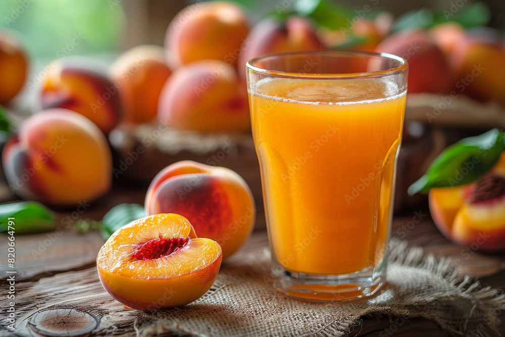 Glass of Vibrant Orange Peach Juice Surrounded by Fresh Peaches