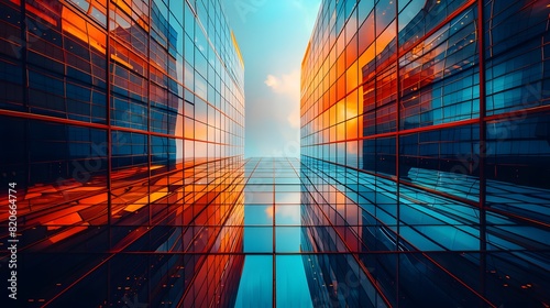 Abstract business architecture background with modern glass skyscrapers, low angle view of office buildings in cityscape at daylight