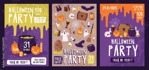 Advertising posters of Halloween party set. Design of Helloween holiday ad flyers with witch cauldron, spooky pumpkins. Template of festive event promotion on October 31. Flat vector illustrations