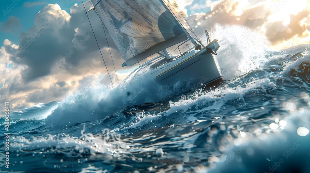 Obraz premium Sleek Modern Sailboat Slicing Through Turbulent Waves in Dramatic Seascape
