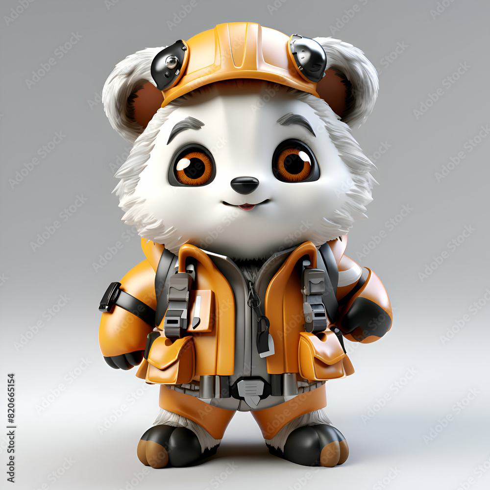 Fototapeta premium Cute panda astronaut in orange helmet and orange jacket. 3D rendering.