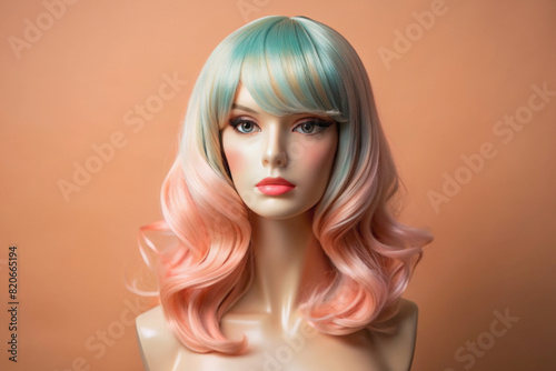 Mannequin in color hair Wig over peach color background