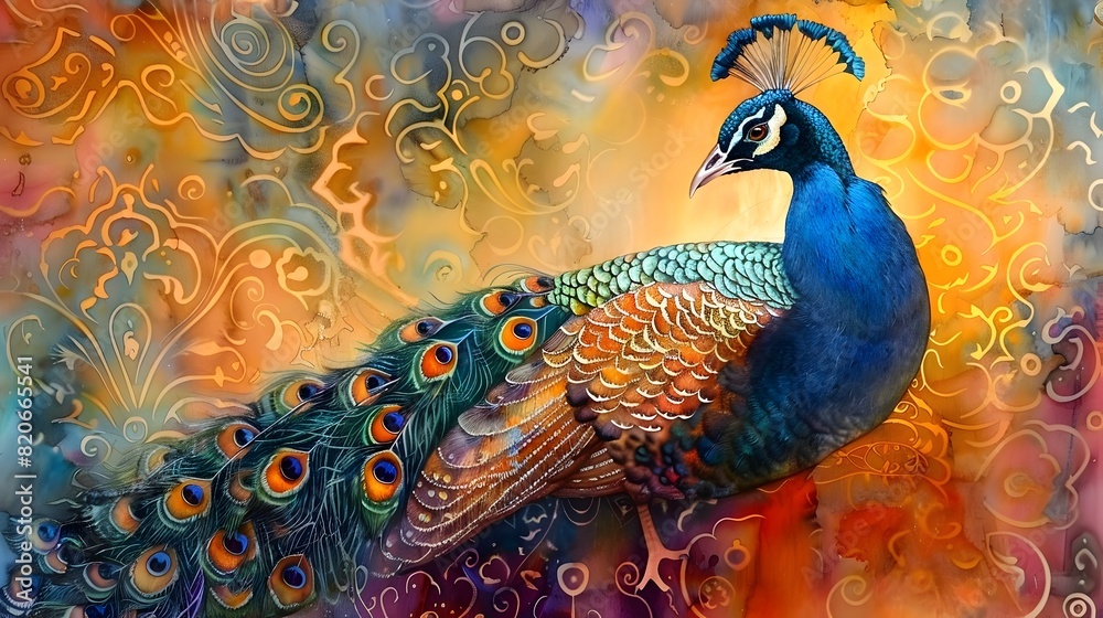 Fototapeta premium Majestic Peacock in Vibrant Watercolor Backdrop with Shimmering Iridescent Feathers