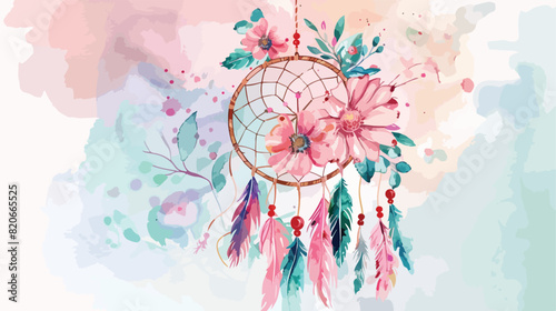 Watercolor dream catcher with pink flower. pink flowe