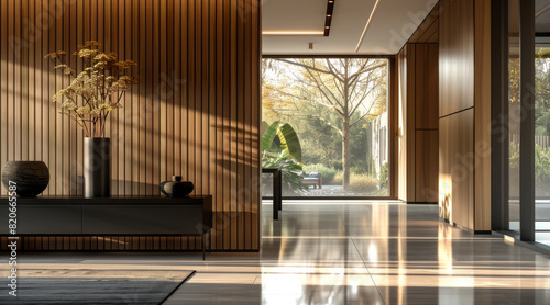 Modern minimalist entrance hall, black wooden cabinet at the entrance hall and wooden walls. A sleek dark dining table is in the background, natural light is streaming through window. Generative AI.