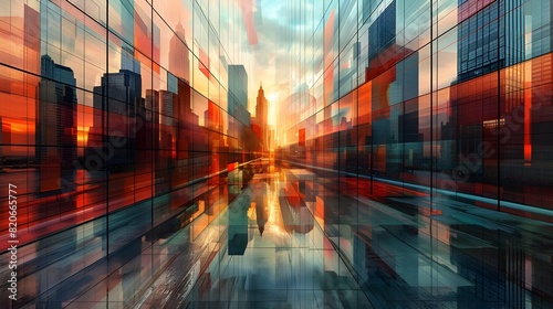 Sleek and modern cityscape with dynamic geometry and vibrant colors at sunset