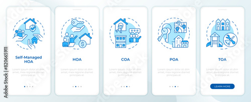 Household association types blue onboarding mobile app screen. Walkthrough 5 steps editable graphic instructions with linear concepts. UI, UX, GUI template. Montserrat SemiBold, Regular fonts used