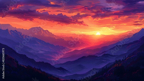 Majestic Mountain Range Silhouetted Against Vibrant Sunset Sky