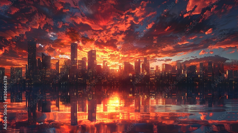 Bustling Cityscape Ablaze in Fiery Sunset,Skyscrapers Reflected in Tranquil River Below