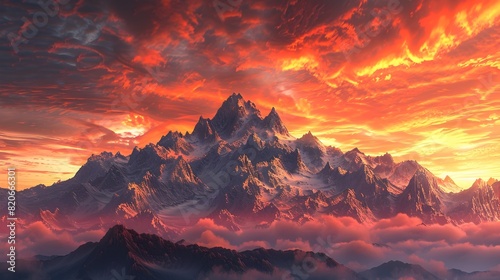 Majestic Mountain Silhouettes Against a Fiery Sunset Sky with Sketch-like Detailing